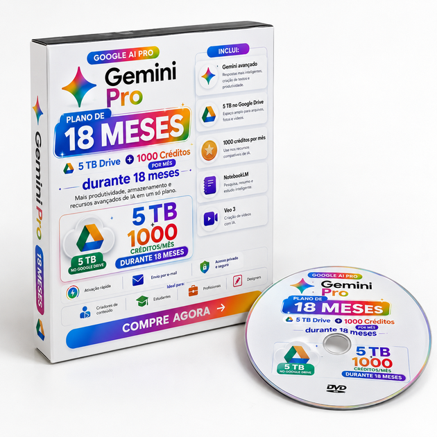 Gemini AI Pro — 18 Meses (5 TB Google Drive + 1.000 Créditos/Mês + Veo 3 + NotebookLM)